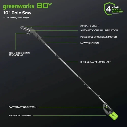 מסור שרשרת טלסקופי נטען Greenworks 80V PRO עם טווח הגעה עד 4.3 מטר, שימון אוטומטי, מתיחת שרשרת ללא כלים ומבנה קל וחזק לעבודה מקצועית.