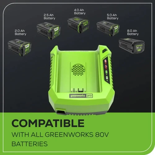 מטען מהיר Greenworks GCH8040 80V PRO עם מאוורר קירור מובנה ותאימות לכל סוללות 80V PRO