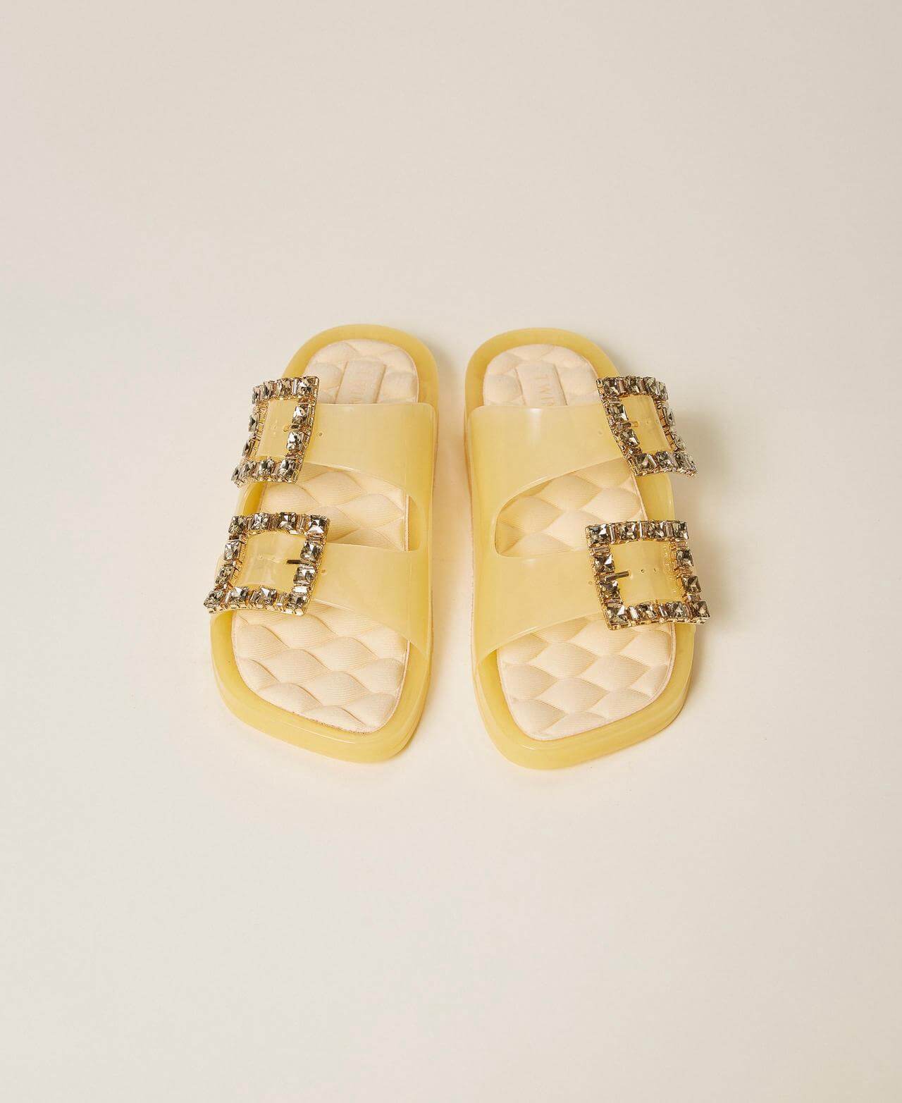 Slider sandals with jewel buckles
