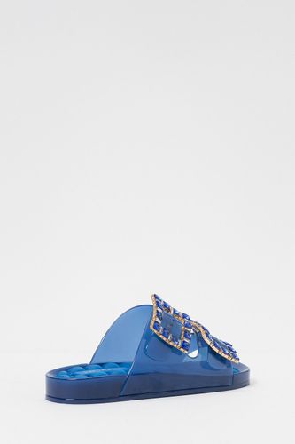 Slider sandals with jewel buckles