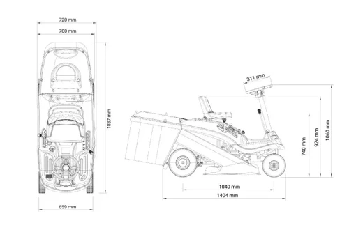 שרטוט מידות טרקטורון כיסוח Villager VTR650 המציג אורך, רוחב וגובה המכונה במבט צד ועל