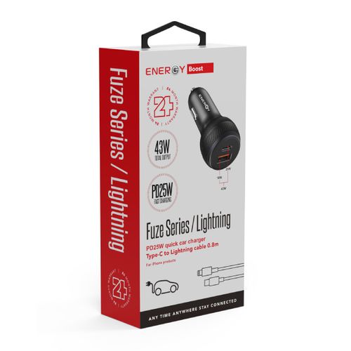 מטען רכב ENERGY 43W PD25W+QC18W עם כבל Type-C to Lighthing