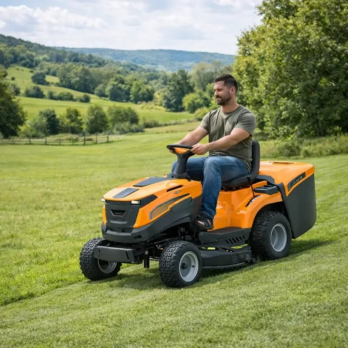 טרקטורון כיסוח דשא Villager VT865HD בפעולת כיסוח בשטח פתוח, עם מנוע Loncin עוצמתי ורוחב כיסוח 86 ס