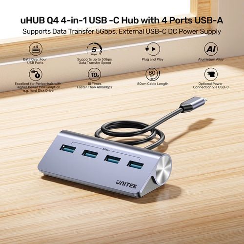  H1337B - מפצל USB-C ל־4 חיבורי USB-A מהיר UNITEK