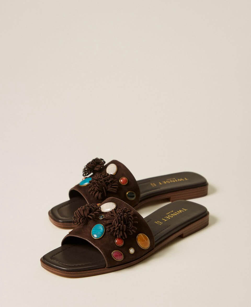 Suede slides with decorative stones
