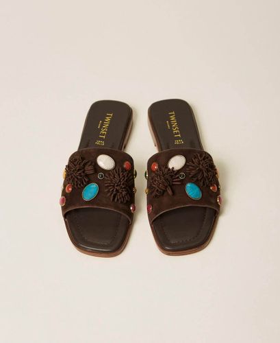 Suede slides with decorative stones