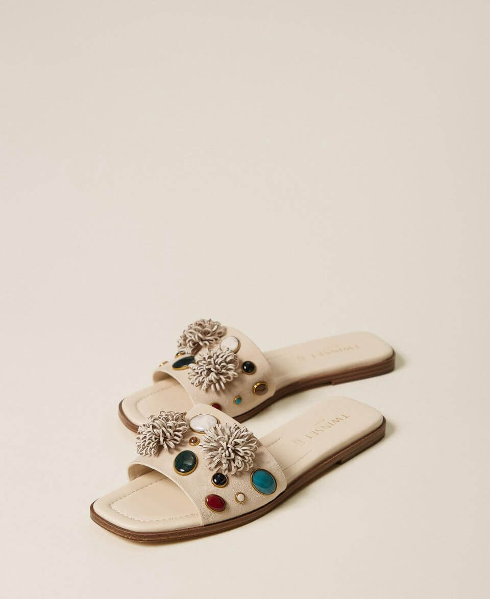 Suede slides with decorative stones