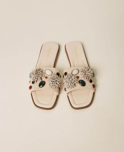 Suede slides with decorative stones