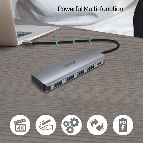  H1107E - מתאם USB-C - מידע, טעינה ותצוגה - 1 ב-5 UNITEK