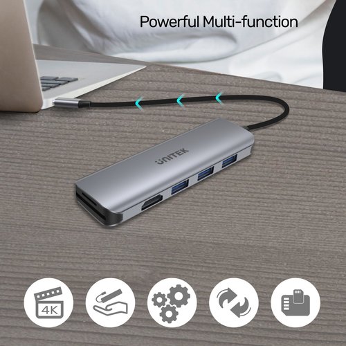  H1107F - מתאם USB-C מידע, קורא כרטיסים ותצוגה - 6 ב-1 UNITEK