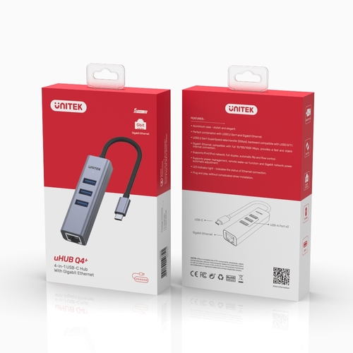  H1904A - מפצל 4 ב-1 כולל עם USB ורשת UNITEK