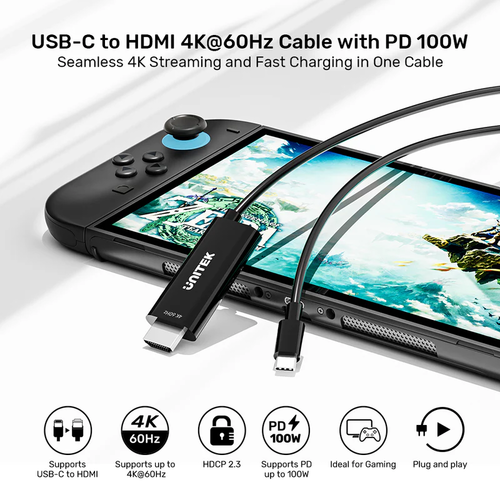 V1439A - כבל USB-C ל HDMI 4K 60Hz עם טעינה UNITEK 100W