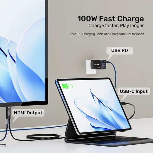  V1439A - כבל USB-C ל HDMI 4K 60Hz עם טעינה UNITEK 100W