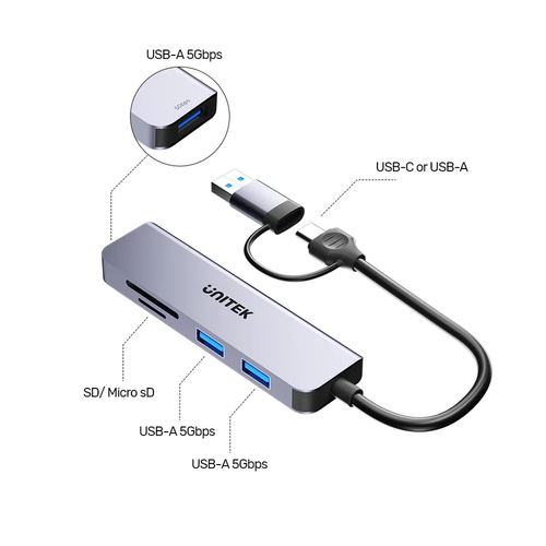  H1320AGY01 - מפצל בחיבור USB-C עם מתאם מובנה UNITEK USB-A 