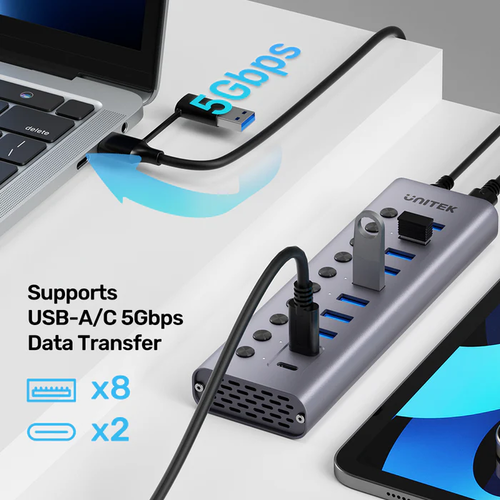  H1315B01 - מפצל 10 פורטים עם טעינה - 8 חיבורי USB-A ו-2 UNITEK USB-C 