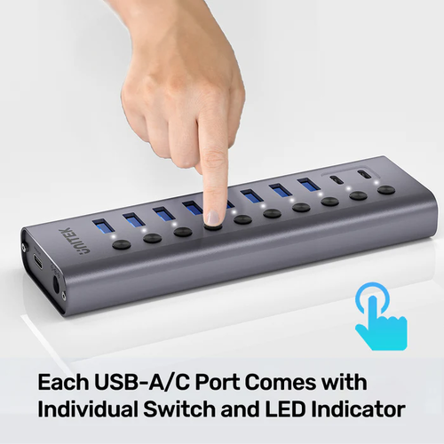  H1315B01 - מפצל 10 פורטים עם טעינה - 8 חיבורי USB-A ו-2 UNITEK USB-C 
