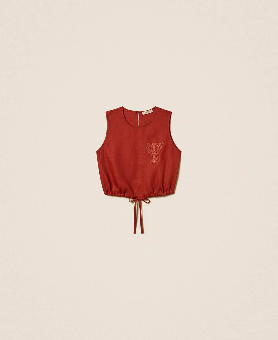 Linen top with embroidered logo