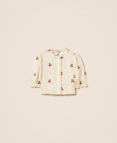 Cropped ramie shirt with cherry embroidery
