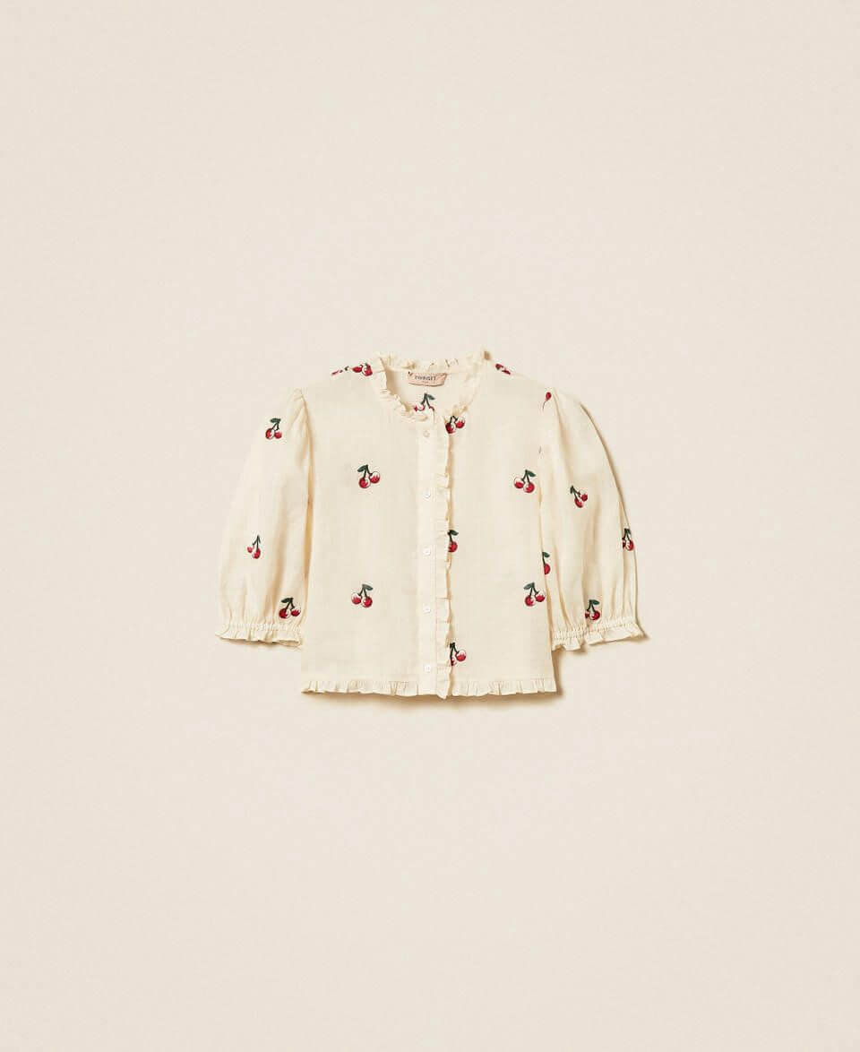 Cropped ramie shirt with cherry embroidery