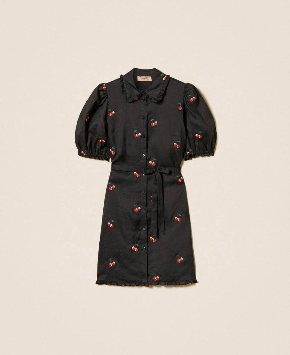 Short ramie dress with embroidery