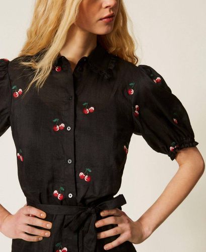 Short ramie dress with embroidery