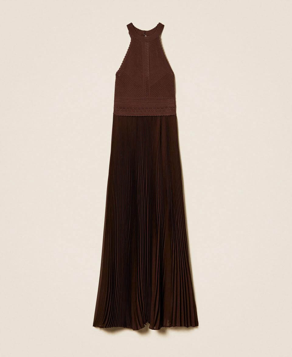 Long knit and pleated georgette dress