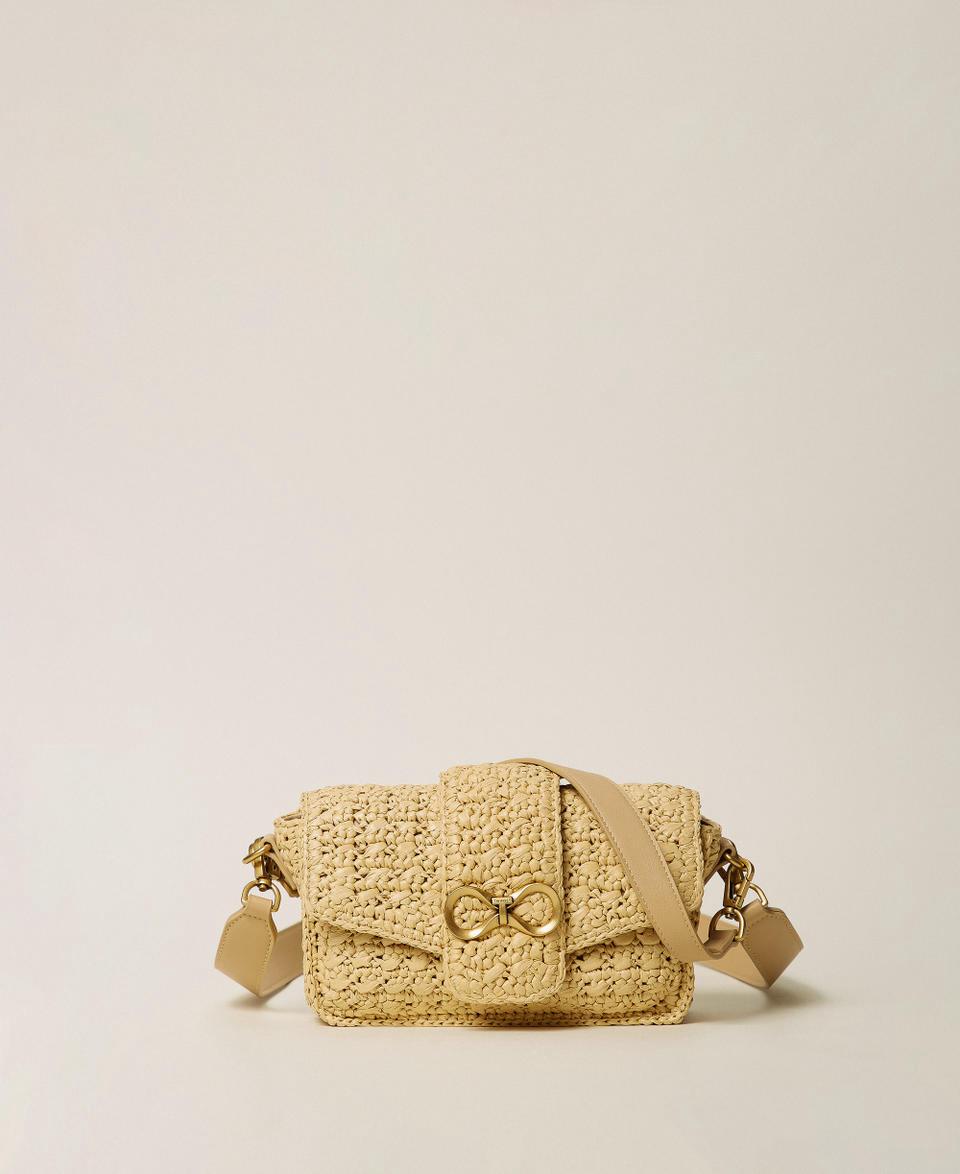 Raffia shoulder bag with logo buckle