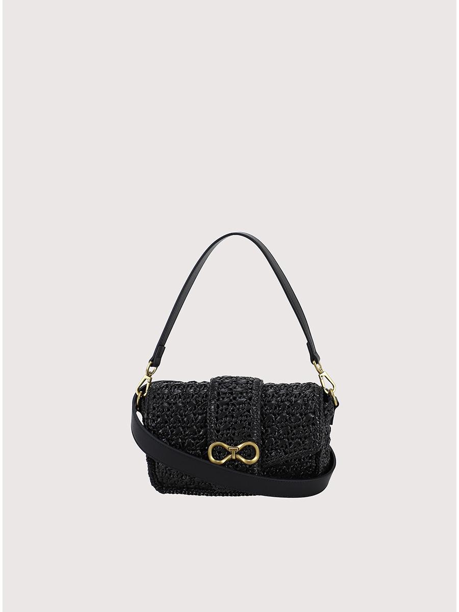 Raffia shoulder bag with logo buckle