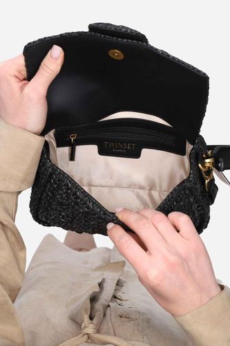 Raffia shoulder bag with logo buckle