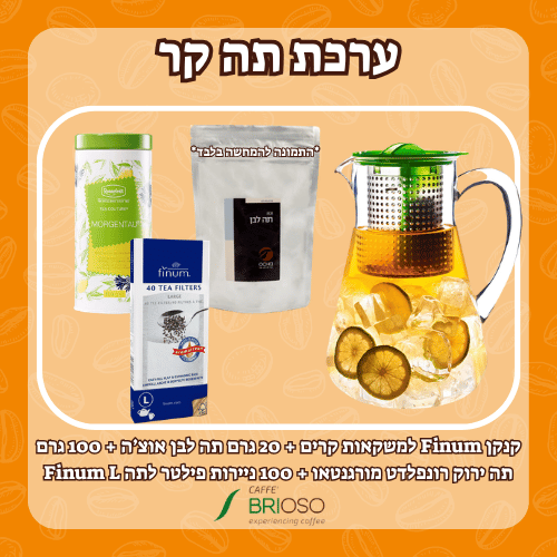 ערכת תה קר! תה ירוק מורגנטאו רונפלדט + תה לבן סיני אוצ'ה + ניירות פילטר לתה פינום + קנקן למשקאות קרים פינום