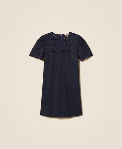 Short linen blend dress with embroidery