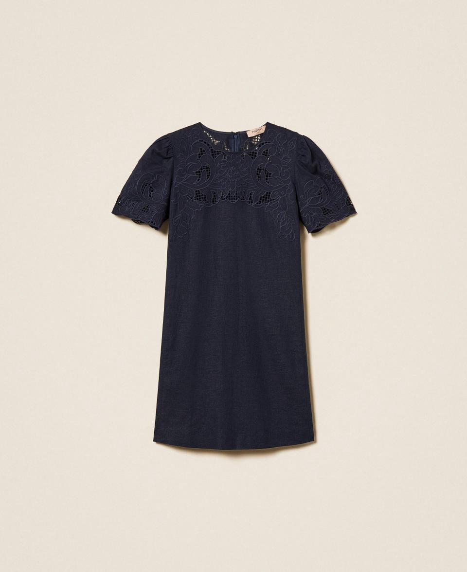 Short linen blend dress with embroidery