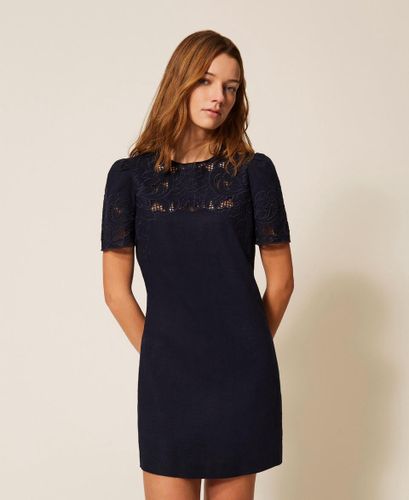 Short linen blend dress with embroidery