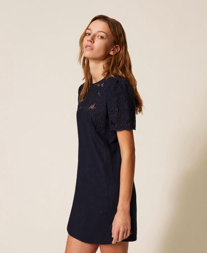 Short linen blend dress with embroidery