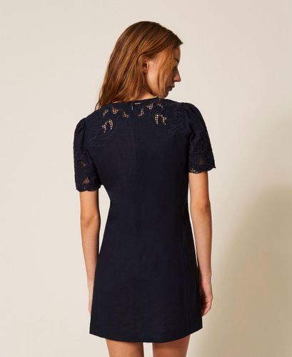 Short linen blend dress with embroidery