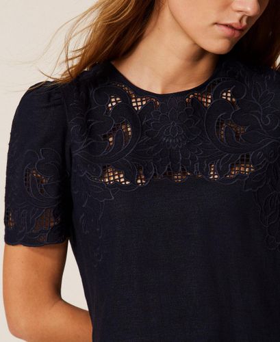 Short linen blend dress with embroidery