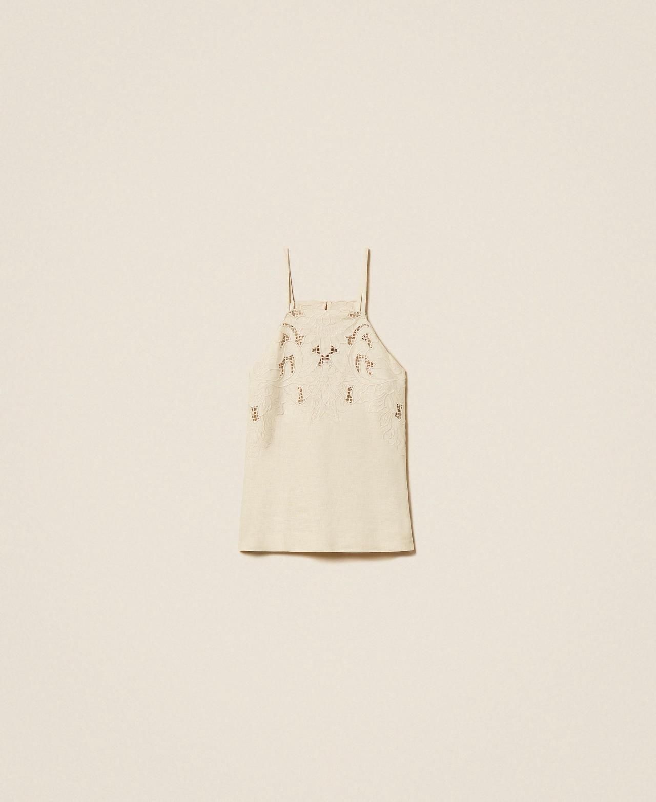 Linen blend top with embroidery