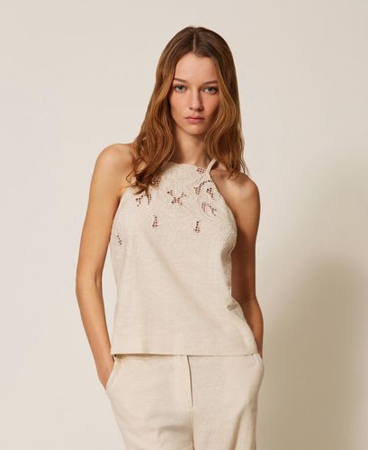 Linen blend top with embroidery