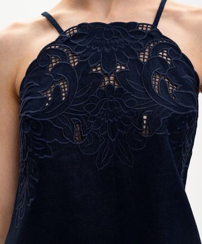 Linen blend top with embroidery