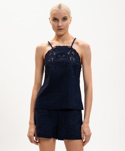 Linen blend top with embroidery