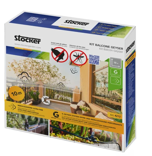 מארז ערכת הרחבה 10 מטר למרפסת מדגם Stocker Geyser Art. 4212, הכולל צינור, דיזות ערפול, מחברים ופקקים, עם גרפיקה המציגה את השימוש נגד יתושים וציפורים במרפסת עם צמחייה.