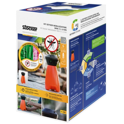אריזת מרחיק חרקים מעופפים STOCKER GEYSER Mini 2L הכוללת מערכת ערפול להרחקת יתושים, מיכל 2 ליטר וטכנולוגיית ריסוס אולטרה-עדינה.