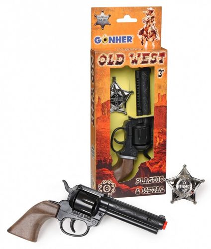 אקדח קאובוי חומרים איכותיים ועמידים עם תג  - Cowboy set  revolver with badge Gonher