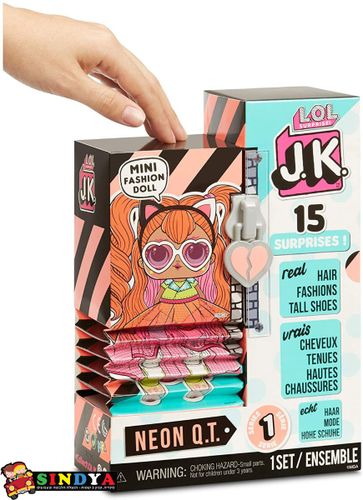 LOL  ,לול ג'יי קיי ניון עם 15 הפתעות - L.O.L. SURPRISE JK NEON Q.T REAL HAIR MINI FASHION DOLL