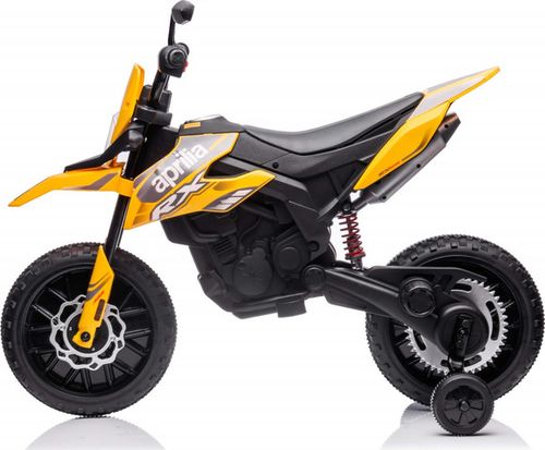אופנוע דמוי Aprilia RX שטח חשמלי ממונע 12V עם גלגלי עזר, אפקטים קוליים ותאורה - לבן