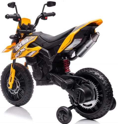 אופנוע דמוי Aprilia RX שטח חשמלי ממונע 12V עם גלגלי עזר, אפקטים קוליים ותאורה - לבן