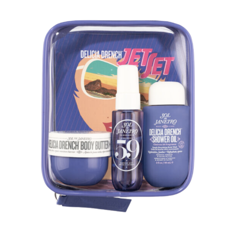 מארז טיפוח Sol de Janeiro Delícia Drench Jet Set – חמאת גוף, שמן רחצה ובושם גוף