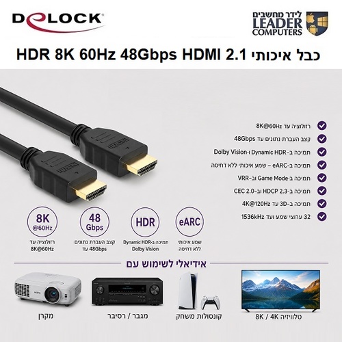 כבל HDMI 2.1 איכותי 5 מטר 48Gbps 8K 60Hz עם Delock HDR, eARC 