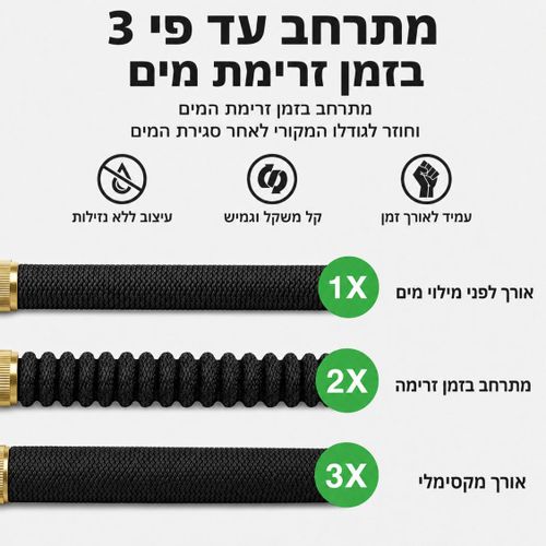 צינור גינה מתכווץ מחוזק בצבע שחור | 2.5 עד 7.5 מטר