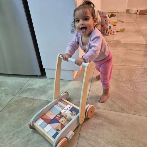 תמונת לקוחה - פעוטה הולכת ודוחפת את הליכון עגלת קוביות מעץ Speedy Monkey 